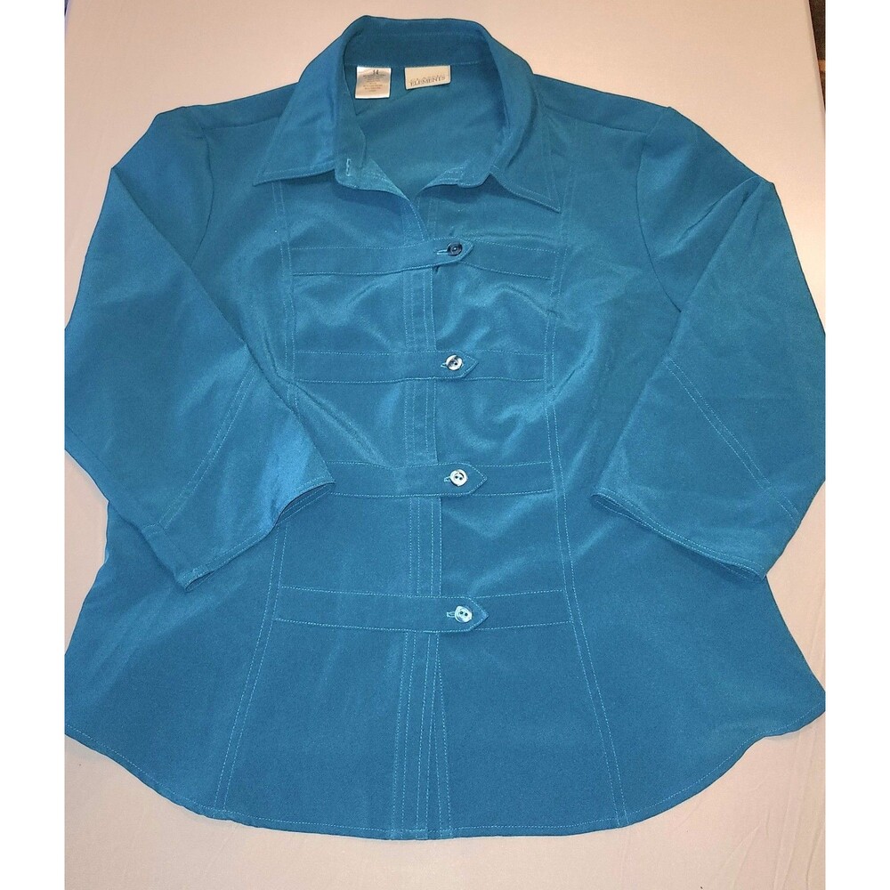 Classic Elements Button Up Womans Blouse Size 14 Teal Long Sleeve Collared Shirt